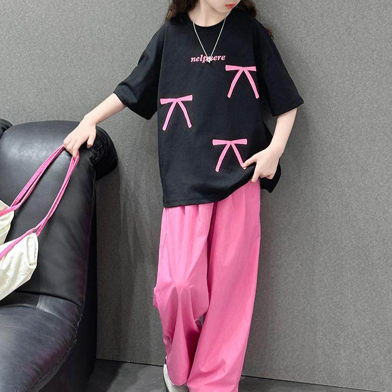 Girls' Summer Thin Short Sleeved T-shirt Two-piece Set Stylish Children's Casual Wide Leg Pants Set