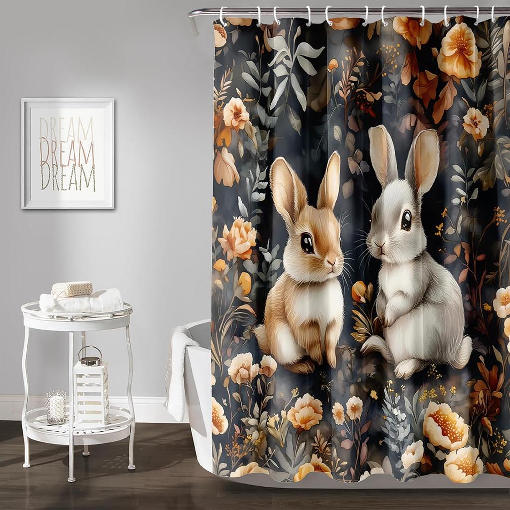 Kawaii Rabbit Pet Shower Curtain for Bathroom,Cute Animal Bunny Floral Waterproof Fabric Bath Curtain with Hooks,72" Wx72 H