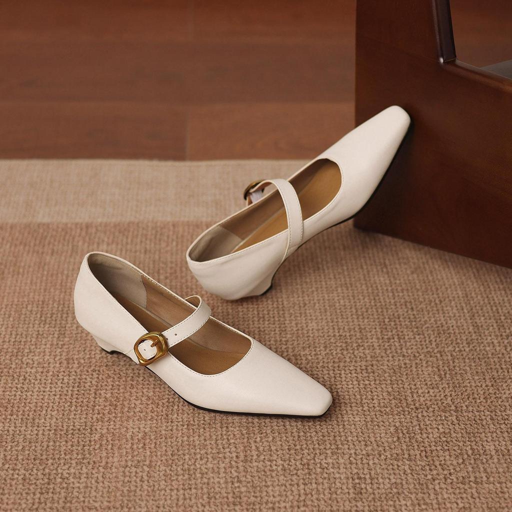 Krazing Pot Microfiber Square Toe Thick Med Heels Spring Summer Shoes Big Size 43 Metal Buckle Beauty Women Shallow Pumps