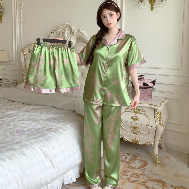 2026 Women's Ice Silk Summer Pajama Set - Short Sleeve, Three-Piece, Elegant, High-Quality, Cool, and Comfortable.