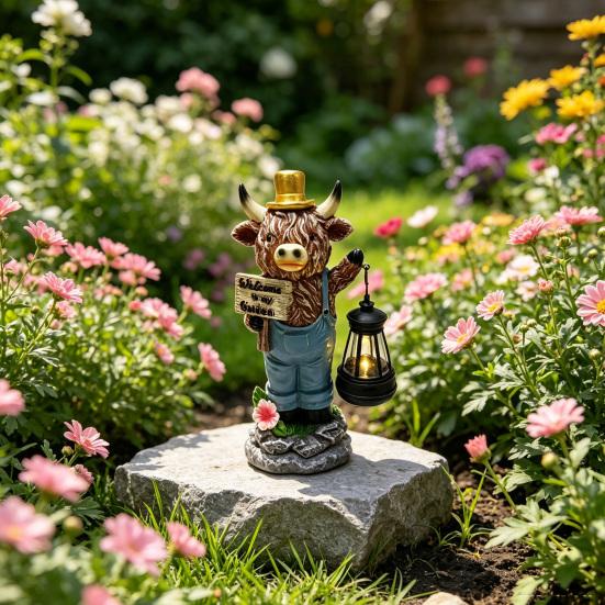 Statua da Giardino Mucca delle Highlands Solare, Statuetta Animale in Resina con Lanterna Solare, Ornamento Mucca Impermeabile da Esterno per Prato, Patio, Decorazioni da Giardino