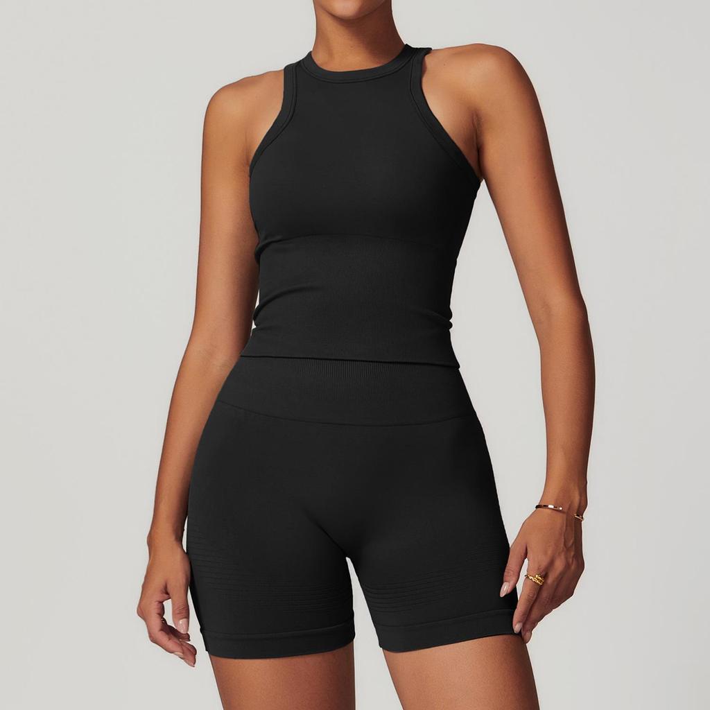 Damen Racerback Geripptes Yoga-Set: Nahtlose Taillenformende & Hüfthebende Fitnessbekleidung