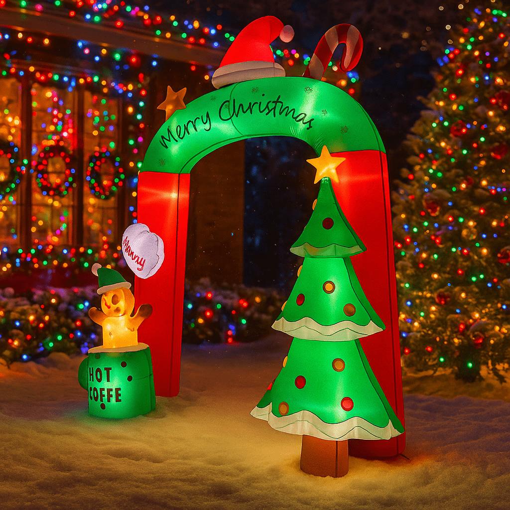 8.8FT/2.7M Inflatable Christmas Arch with Gingerbread Man Hot Coffee and Welcome, Glowing Outdoor Yard Decor