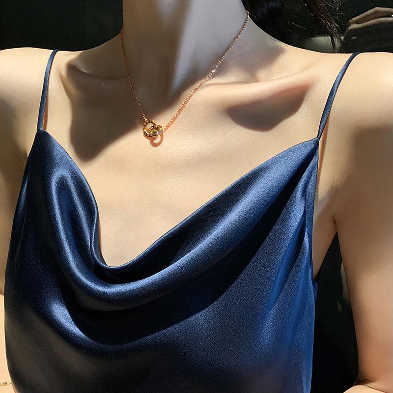 Titanium Steel Roman Numerals Double Ring Pendant Choker Necklace with Rhinestones for Women Fashion Jewelry