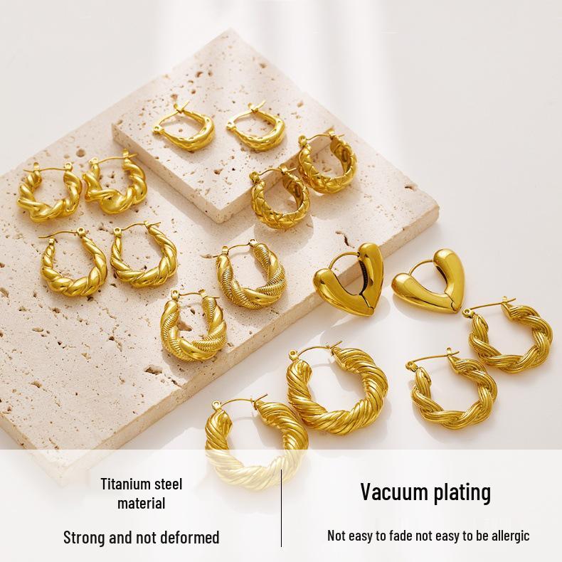 European Retro Simple Titanium Steel Twisted Braid Ear Cuff and Stud Earring for Women