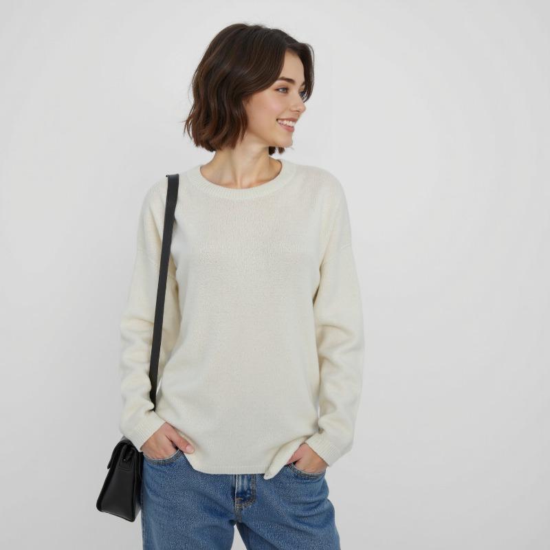 Crew neck casual solid color commuting pure wool knitted top women's versatile loose high-end bottoming shirt