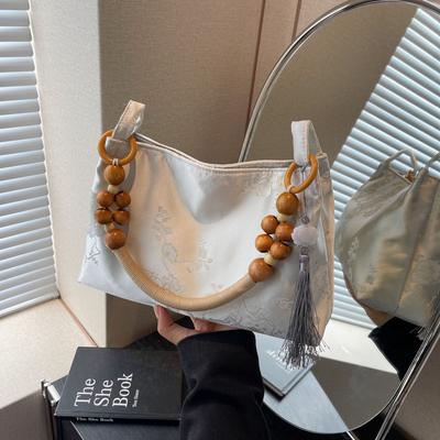 New Chinese Niche Velvet Embossed Dark Pattern Versatile Underarm Bag, High-end Retro Foreign Style Wooden Beads, Shoulder Hand Bag