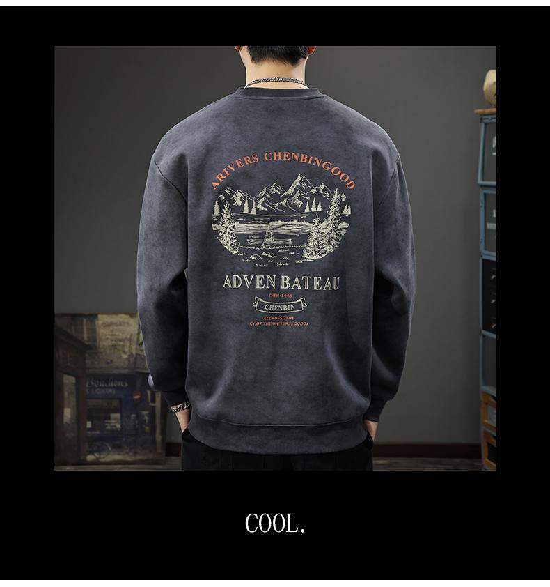 Men's Oversized Retro Mountain Print Hoodie - Autumn/Winter Round Neck Long Sleeve T-shirt