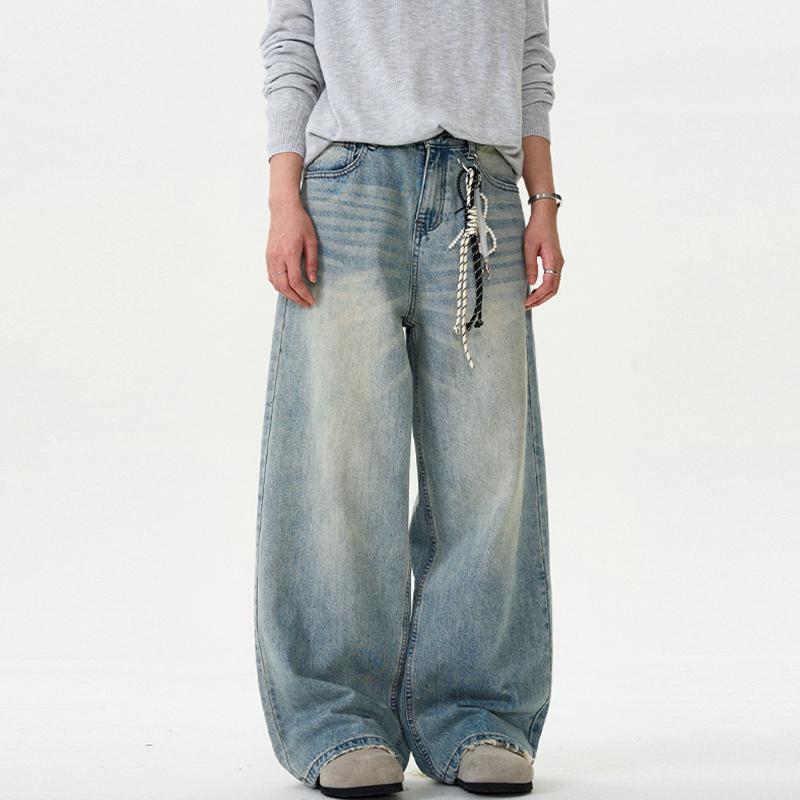 VibeStreet Distressed Jeans Solid Color Washing Summer Men Trousers Loose Wide Leg Casual Straight Moustache Effect Male Bottom