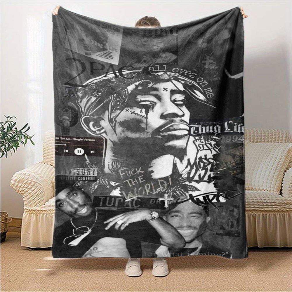 1pc 2Pac Hip Hop Blanket Soft Lightweight All Season Multi Purpose Throw for Sofa, Bed, Office & Picnics, French Style with Iconic Album Art & Quotes
