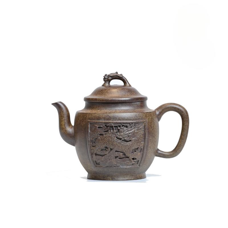 

340ml Yixing Purple Clay Teapots Handmade Relief Kylin Pot Raw Ore Wood-fired Porcelain Mud Kettle With Infuser Zisha Tea Set