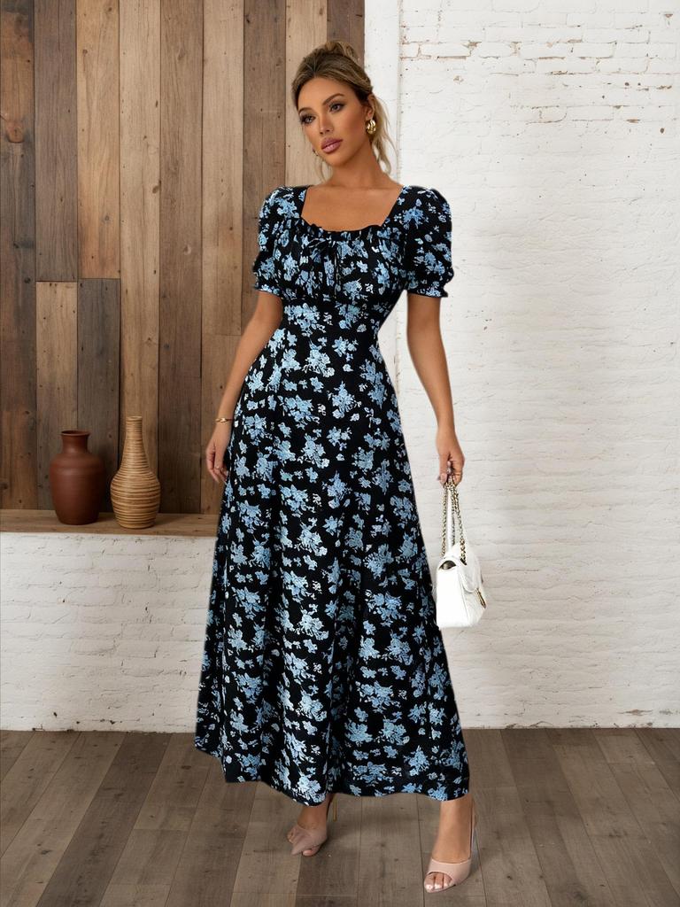 2026 Women's Summer Floral Print Puff Sleeve Square Neck Dress - French Style Holiday Tea Party Skirt