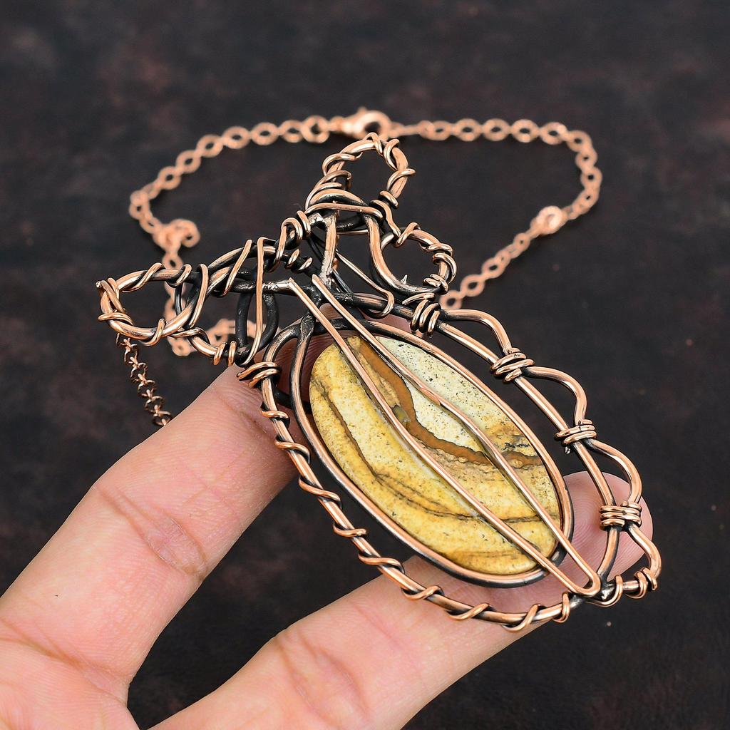 Picture Jasper Necklace Copper Wire Wrapped Necklace Gemstone Dainty Jewelry Adjustable Chain Necklace Copper Handmade Jewelry Gifts For Her