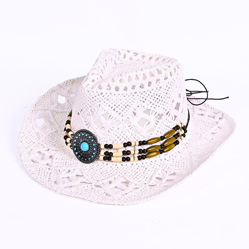

Summer beaded turquoise hat women s hollow breathable hand-woven straw hat retro clock top sunscreen sunshade cowboy hat One Size