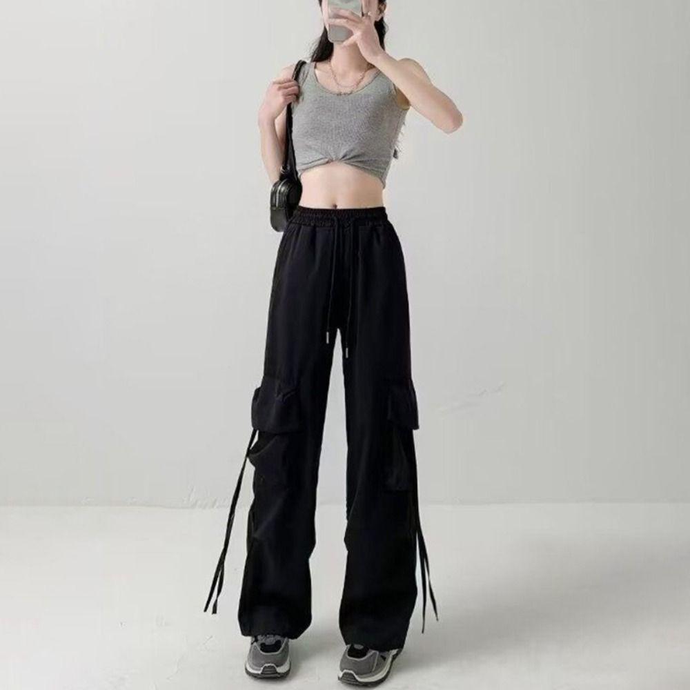 Drawstring Wide Leg Sweatpants Multi-pockets Women Joggers Trousers Baggy Cargo Pants  Sports