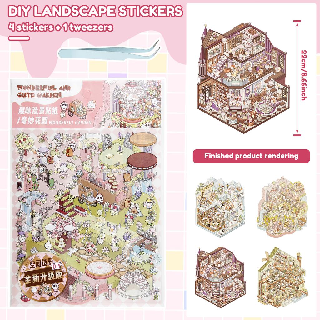 Livro de Adesivos de Cenário de Papel com 4 Peças Alívio do Estresse Cena de Adesivos 3D Estimular a Imaginação Livro de Paisagismo Miniatura 3D para Crianças