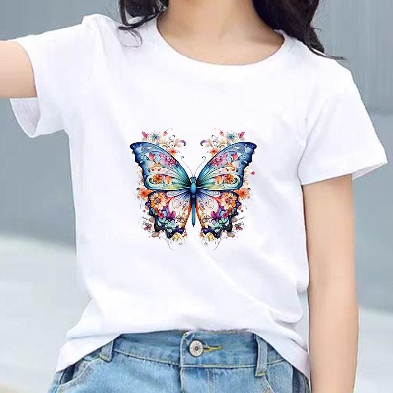 Kids Cotton T Shirt Blue Colorful Floral Butterfly Print Crew Neck Short Sleeve Tee Casual Boys Girls Summer Tops