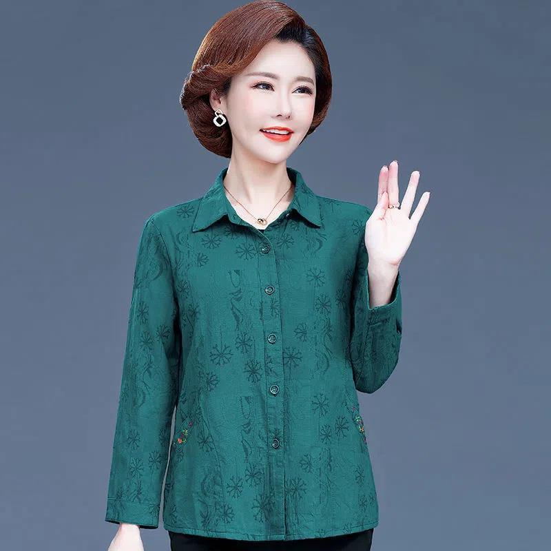 

Одежда для женщин среднего возраста, рубашки из чистого хлопка, весна-осень, хлопковые рубашки с длинными рукавами, топы для пожилых людей, блузки, рубашки 5XL зелёный