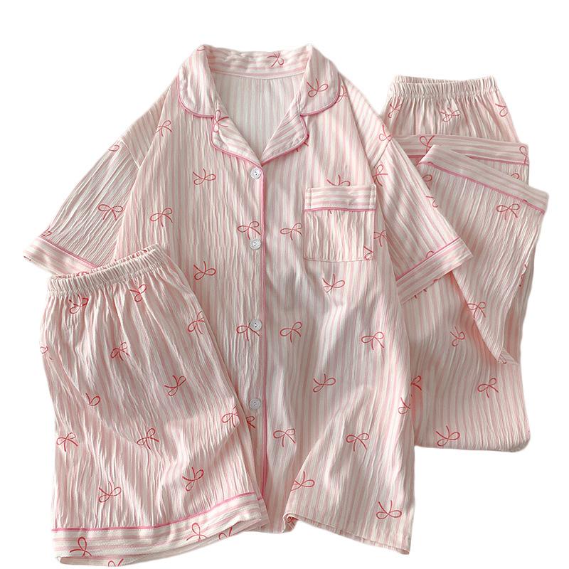 Retro Small Floral High-End Wrinkled Cloth Pajamas Women'S Summer Casual Homewear Short-Sleeved Three-Piece Set