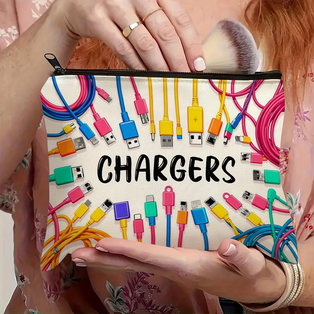 Colorful Cable USB Storage Bag Travel Organizer Zipper Pouch Office Desk Accessories Home Organizer with "CHARGERS" Print Design