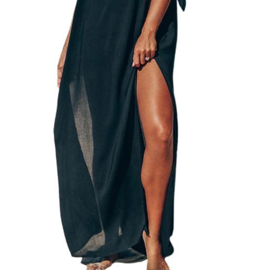 Irregular Cover-Up Dress Boat Neck Side Split Mid-calf Length Swimwear Dress for Beach
