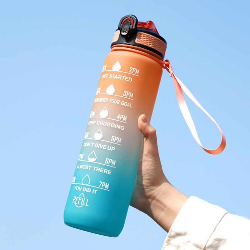 32oz Gradient Water Bottle with Lanyard & Straw - 1L Large Capacity for Outdoor Sports
