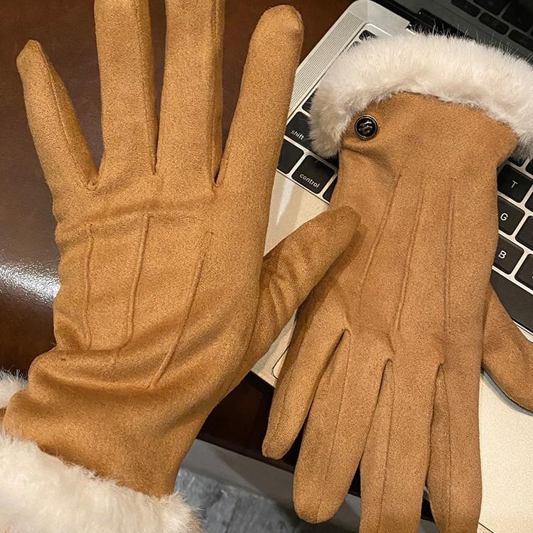 Suede Brown Plush Gloves for Women in Autumn and Winter Thickened and Velvet To Keep Warm and Cold Proof for Students To Ride Outdoors