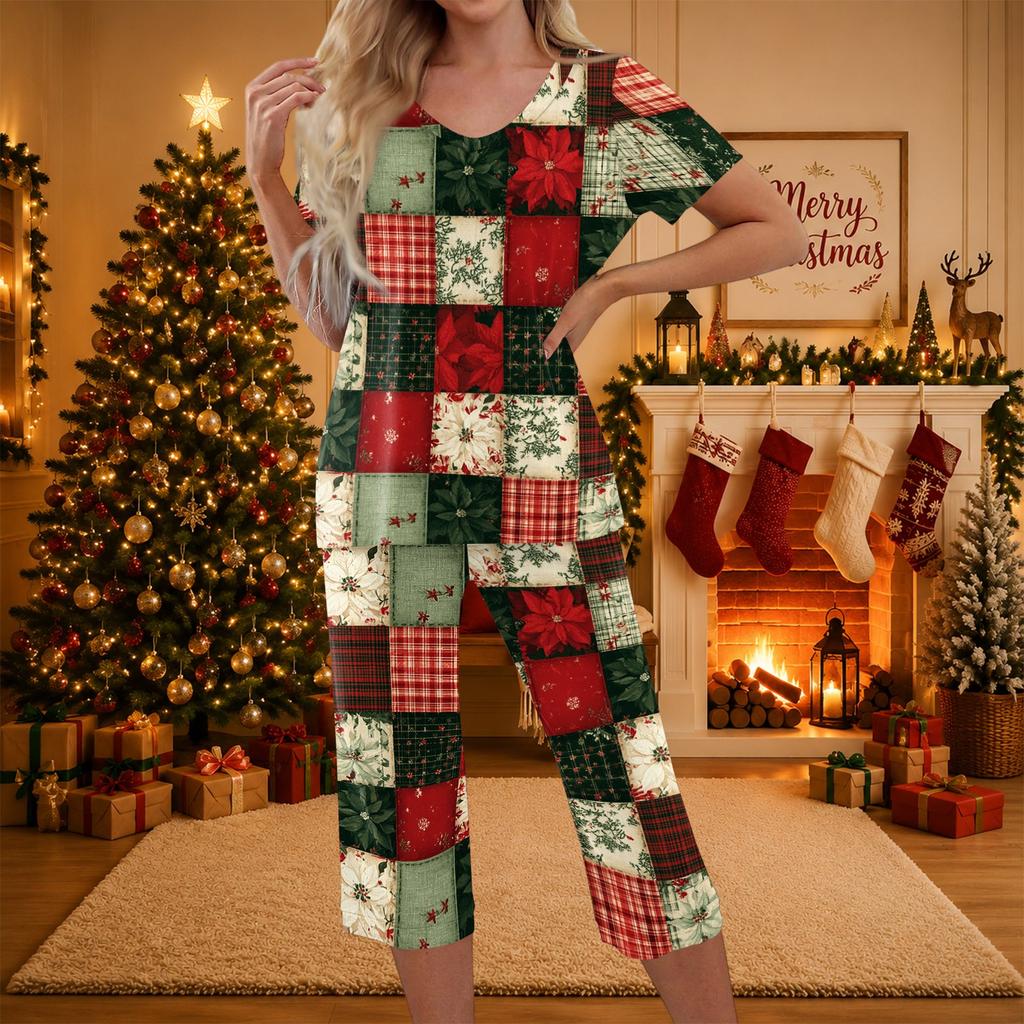 Women's Two-Piece Outfit Set with Christmas Print Short Sleeve Top and Pants