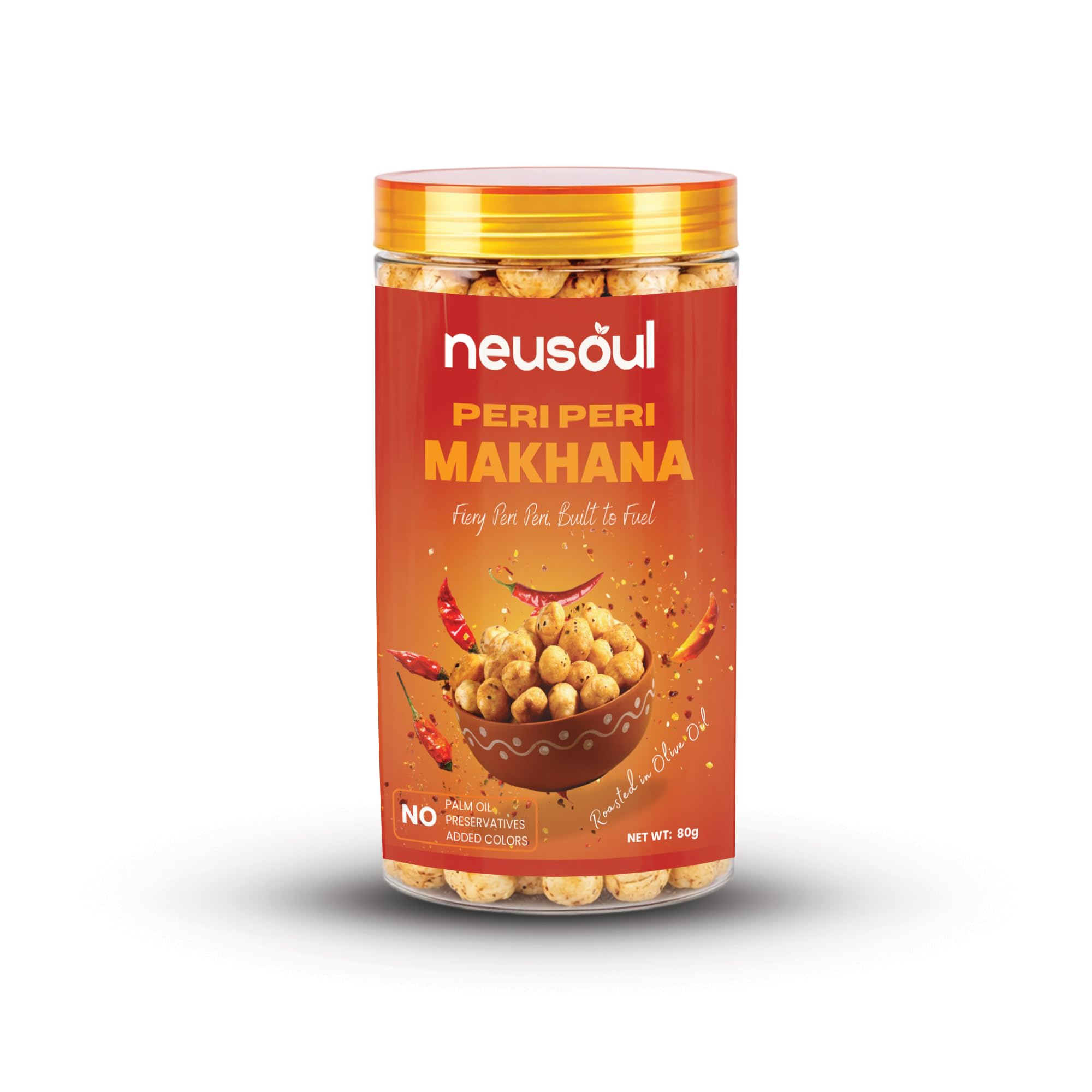 NEUSOUL Desi Peri Peri Masala Makhana | Premium Olive Oil Roasted Foxnuts | Light & Crunchy Healthy Snack | Gluten Free | Cholesterol Free | No Pal