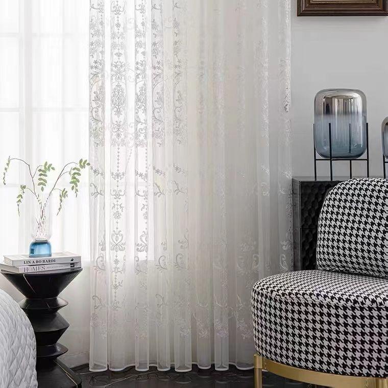 1pc Modern Embroidered Sheer Curtain Panel Rod Pocket Window Drapes for Living Room Bedroom, Geometric Pattern All-Season Pastoral Style