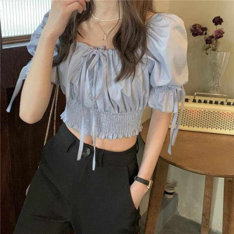 WTEMPO Women Summer Solid Retro Bandage Design Slim Cropped Tops Korean Style Ladies Elegant College Shirts