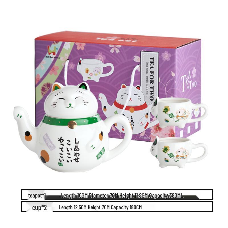 Japanese Lucky Cat Ceramic Teapot Set – One Pot, Two Cups, Filtered Tea Souvenir Gift