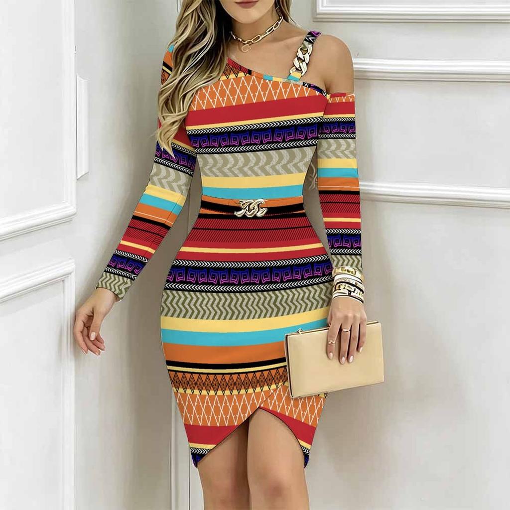 Women Plus Size Asymmetric Cold Shoulder Colorful African Tribal Geometric Print Wrap Bodycon Midi Dress