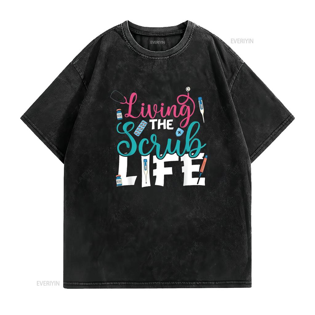 Womens Living the Scrub Life Funny Nurse Stethoscope Nursing Cute T Shirt Black 2XL Vintage Washed Breathable Streetwear