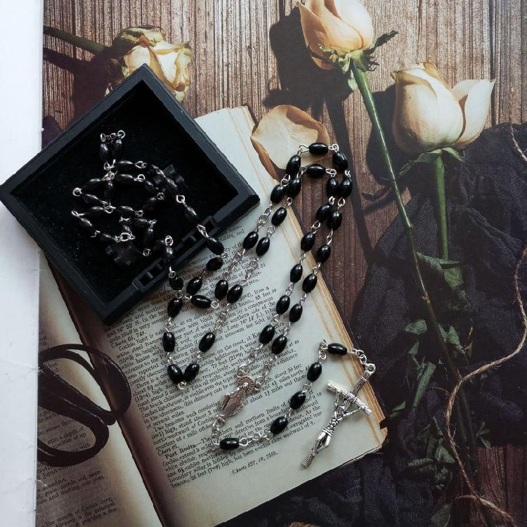 Oval Bead Catholic Necklace Prayer Medal for Cross Holy Religious Gift for Women