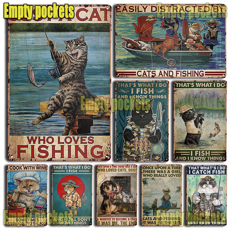 

ПРОСТО кошка, которая любит рыбалку Металлические жестяные таблички для ресторана Декор фермерского дома Кухня Милый дом Вывеска Искусство Декор стены