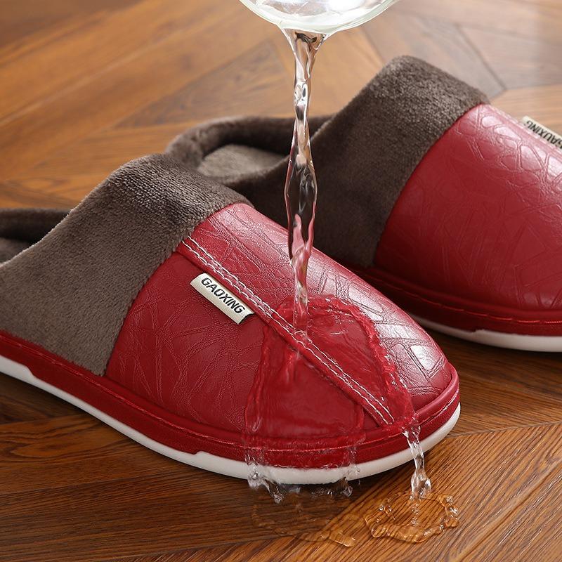 Autumn and winter new leather waterproof home cotton slippers men's household plush cotton slippers women's thickened home confinement shoes