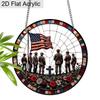 2D Flat Acrylic Memorial Day Suncatcher, 7.87in Round Window Hanging Decor, Soldier Silhouette American Flag Patriotic Ornament