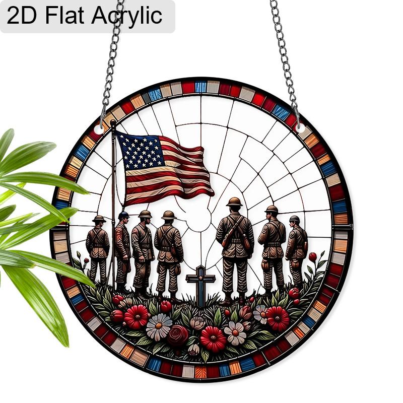 2D Flat Acrylic Memorial Day Suncatcher, 7.87in Round Window Hanging Decor, Soldier Silhouette American Flag Patriotic Ornament