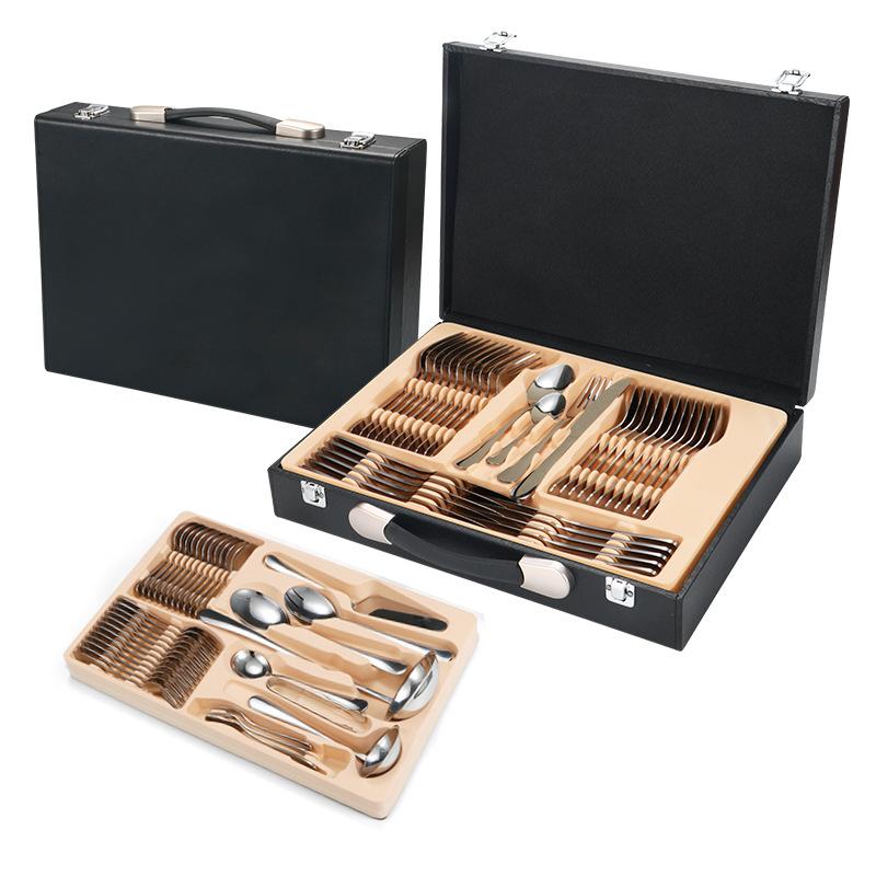 

Нож, вилка и ложка Посуда из нержавеющей стали Костюм из 72 предметов Креативный высококлассный набор из нескольких предметов Костюм Подарочная коробка Кожаный чехол