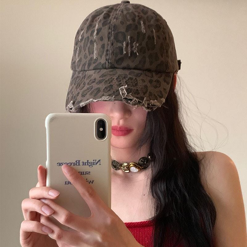 

Women Leopard Baseball Cap Vintage Hip Hop Holes Snapback Duckbill Hats Street Girls Soft Cotton Dad Trucker Hats Visors 56-60cm кавовий