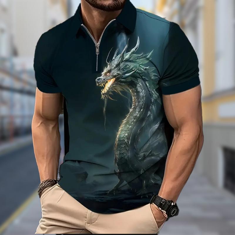 

Мужская рубашка поло повседневная на молнии с коротким рукавом модная повседневная на молнии лето весна обычный крой китайская рубашка с принтом 3D лунг 8XL светло-синий