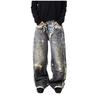 Mens Distressed 3D Printed Wide Leg Straight Cut Denim Jeans - Relaxed Fit Streetwear Style