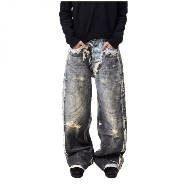 Mens Distressed 3D Printed Wide Leg Straight Cut Denim Jeans - Relaxed Fit Streetwear Style