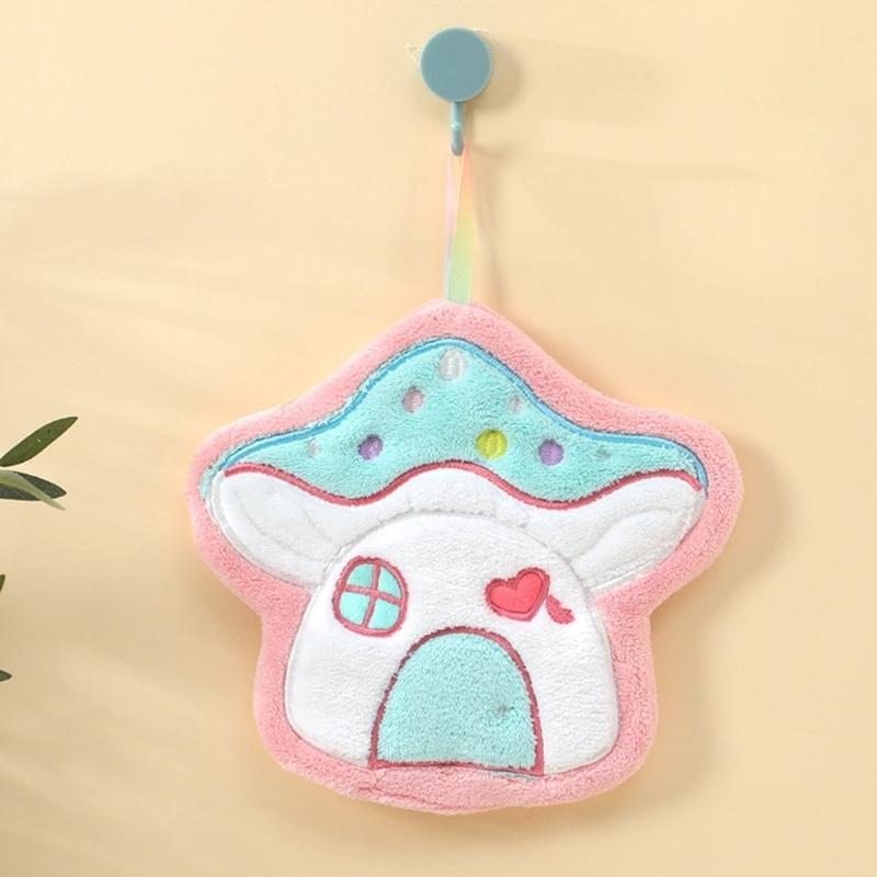 Soft Absorbent Coral Fleece Kitchen Towel Fun Mushroom Shape Handkerchief Wipe Rag Cloth Quickly Dry and Easy Hanging