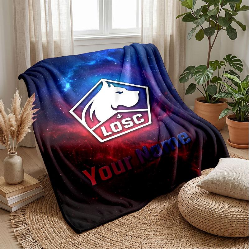 LOSC Lille Custom Name Text Flannel Blanket Soccer Logo Personalized Fleece Throw Blanket Special Gift For Sofa Bedroom Home