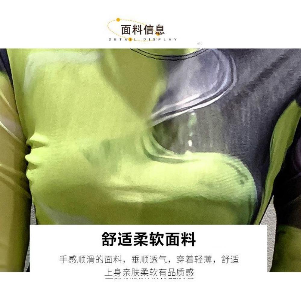 Long-sleeved Women Autumn Clothing Mesh Tops Printed Color Matching T-shirt Fashionable Autumn Clothing Bottoming Shirt
