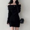 Korean chic autumn and winter small man sexy off-the-shoulder suspender lapel slim ribbed knitted dress hip-wrapped short skirt