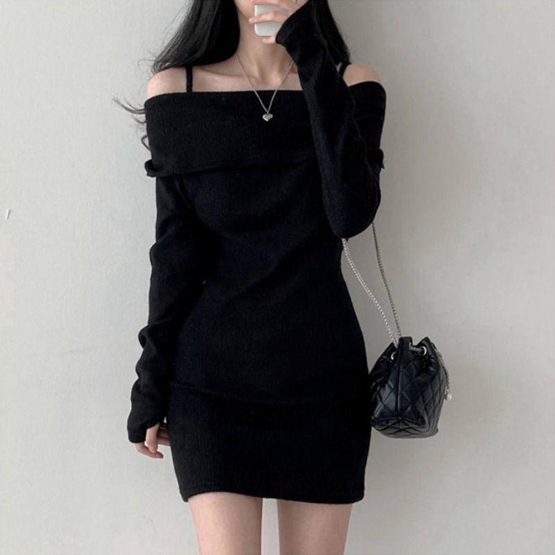Korean chic autumn and winter small man sexy off-the-shoulder suspender lapel slim ribbed knitted dress hip-wrapped short skirt