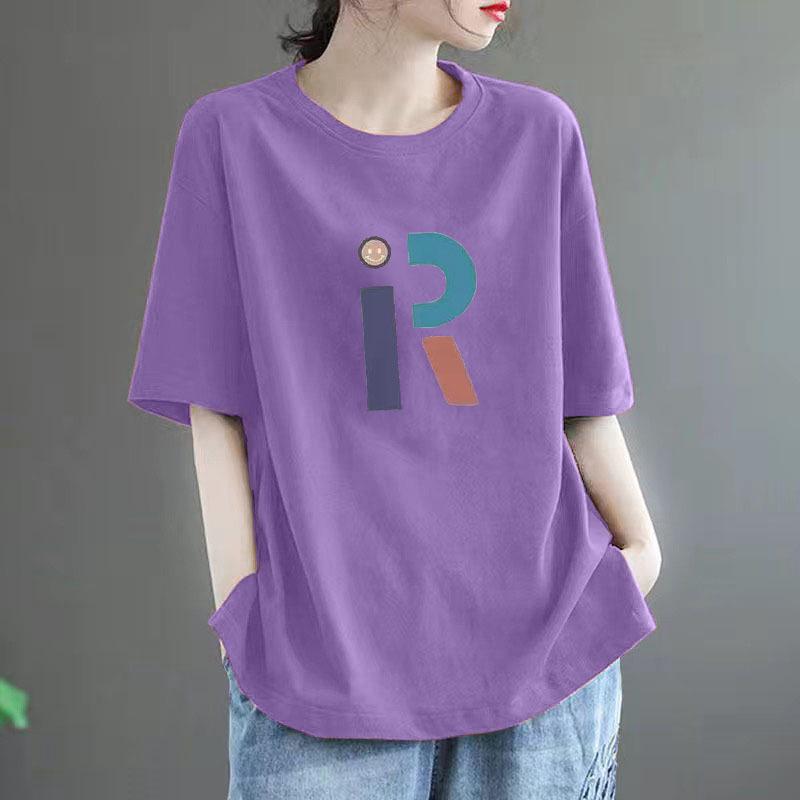 Women's High-End Pure Cotton Short-Sleeve T-Shirt, 100% Loose Fit, Slimming Versatile Round Neck Casual Top